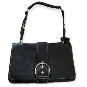 Black Coach Purse Genuine Leather Shoulder Bag w/ Metallic Buckle